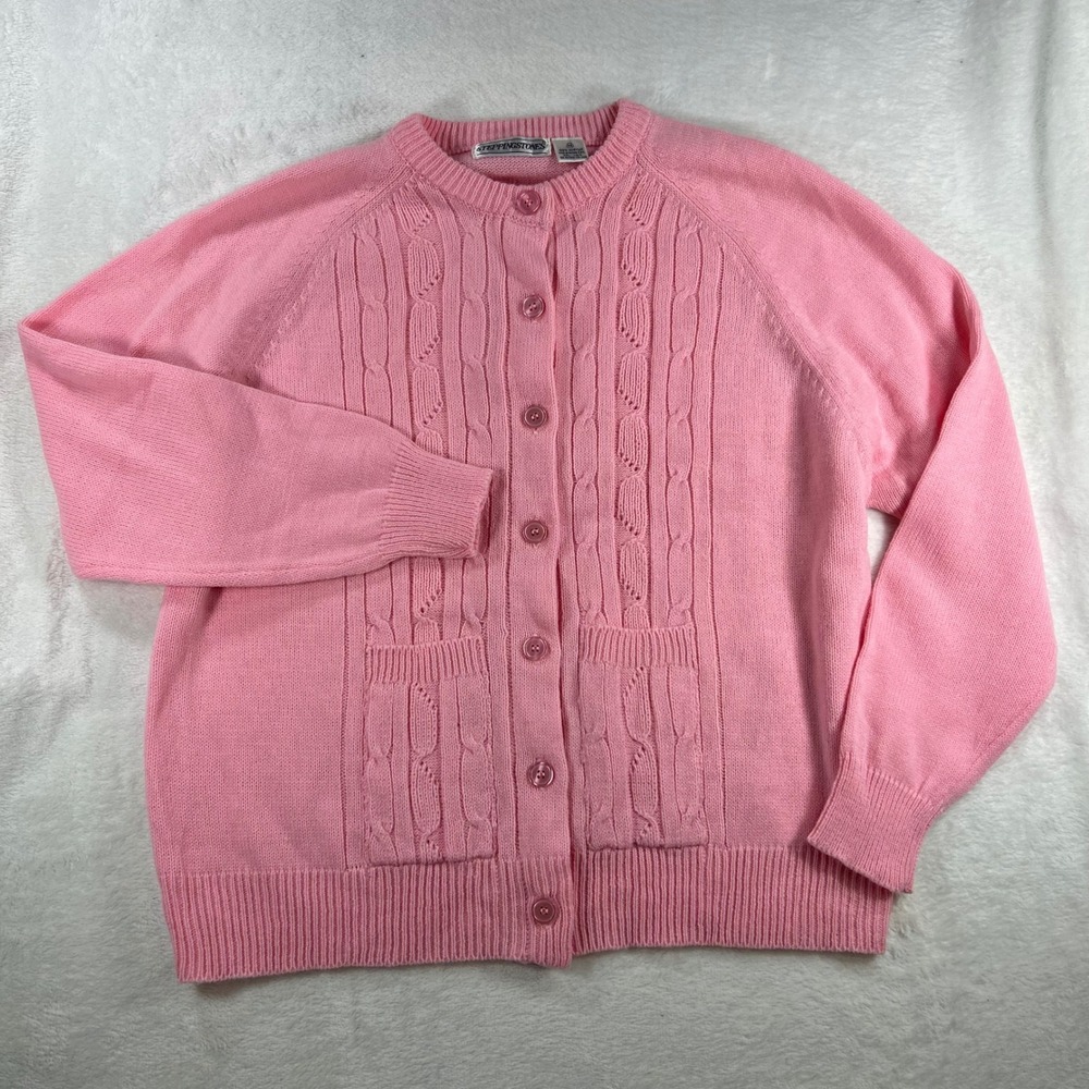 Vintage Grandmacore Pink Cable Knit Cardigan Sweater Pockets Raglan Sleeve